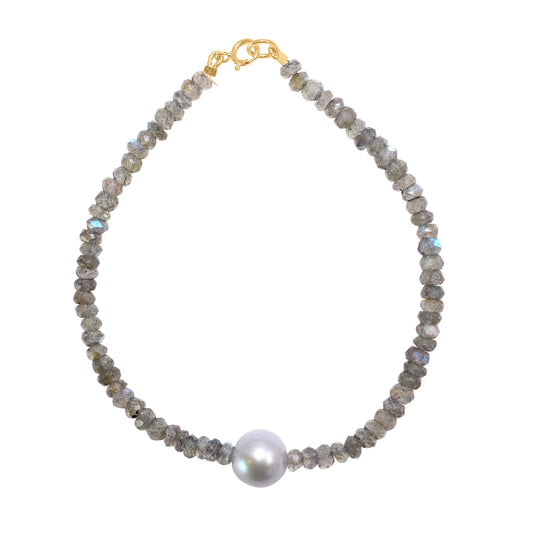 14k Labradorite Silver Grey Freshwater Pearl Bracelet 6.5''