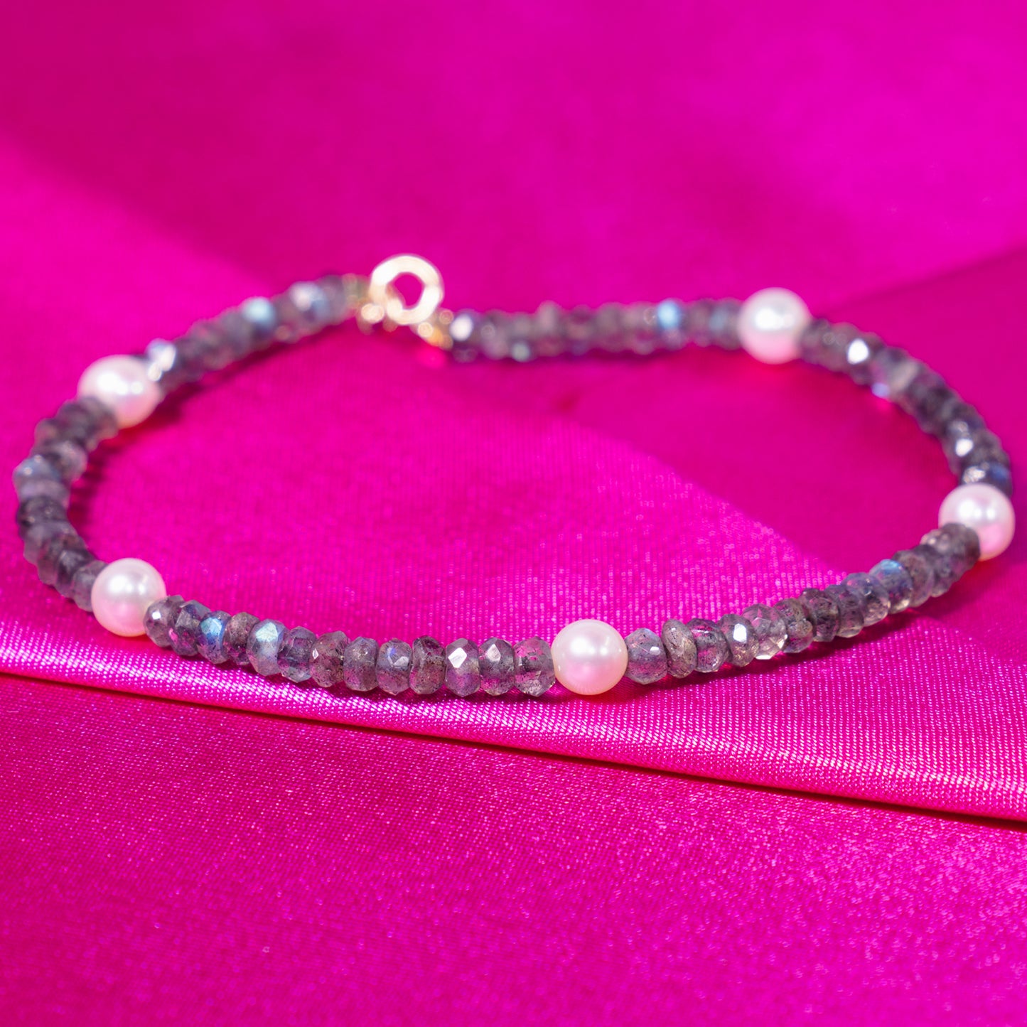 14k Gemstones with White Pearl Bracelet