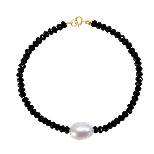 14k Black Spinel White Freshwater Pearl Bracelet 6.5''