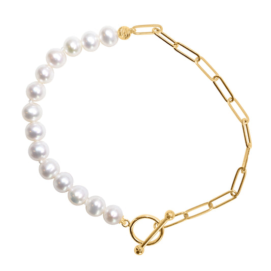 14k White Freshwater Pearl Paperclip Chain Toggle Bracelet 7.5"