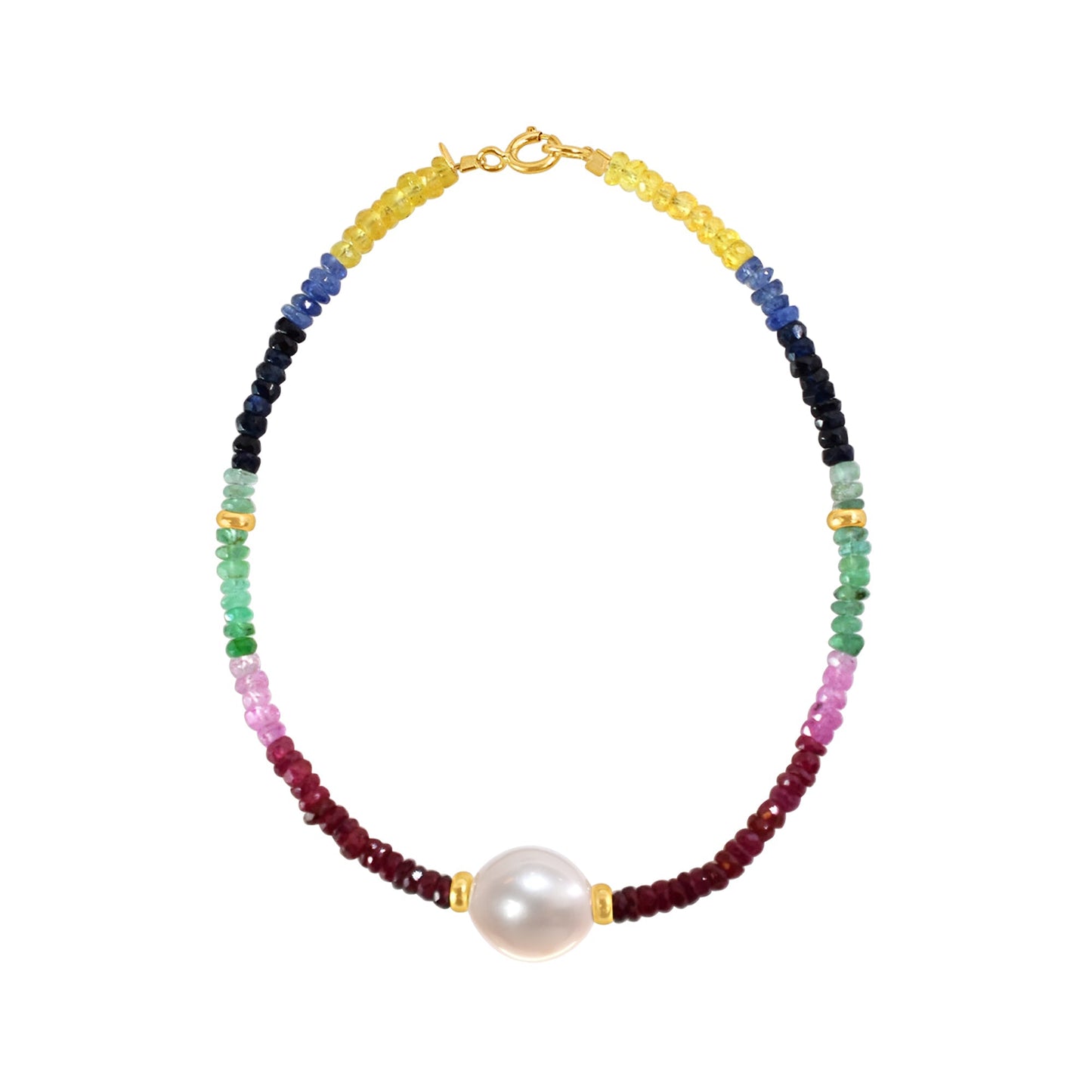14k Multi Gemstone White Freshwater Pearl Bracelet 7.5" Jewelmak Shop