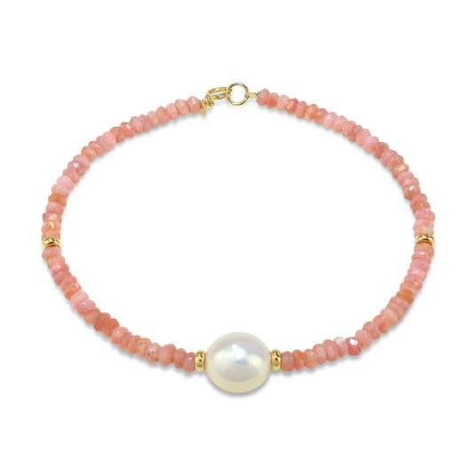 14k Pink Opal White Freshwater Pearl Bracelet 7.5"