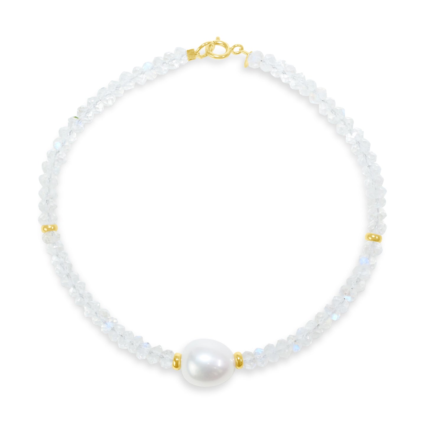 14k Rainbow Moonstone White Freshwater Pearl Bracelet 6''