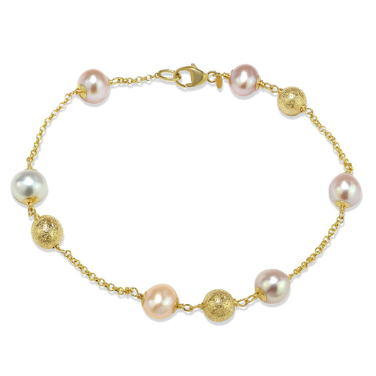 14k Multi Pink Freshwater Pearl Gold Ball Link Bracelet 7.5"