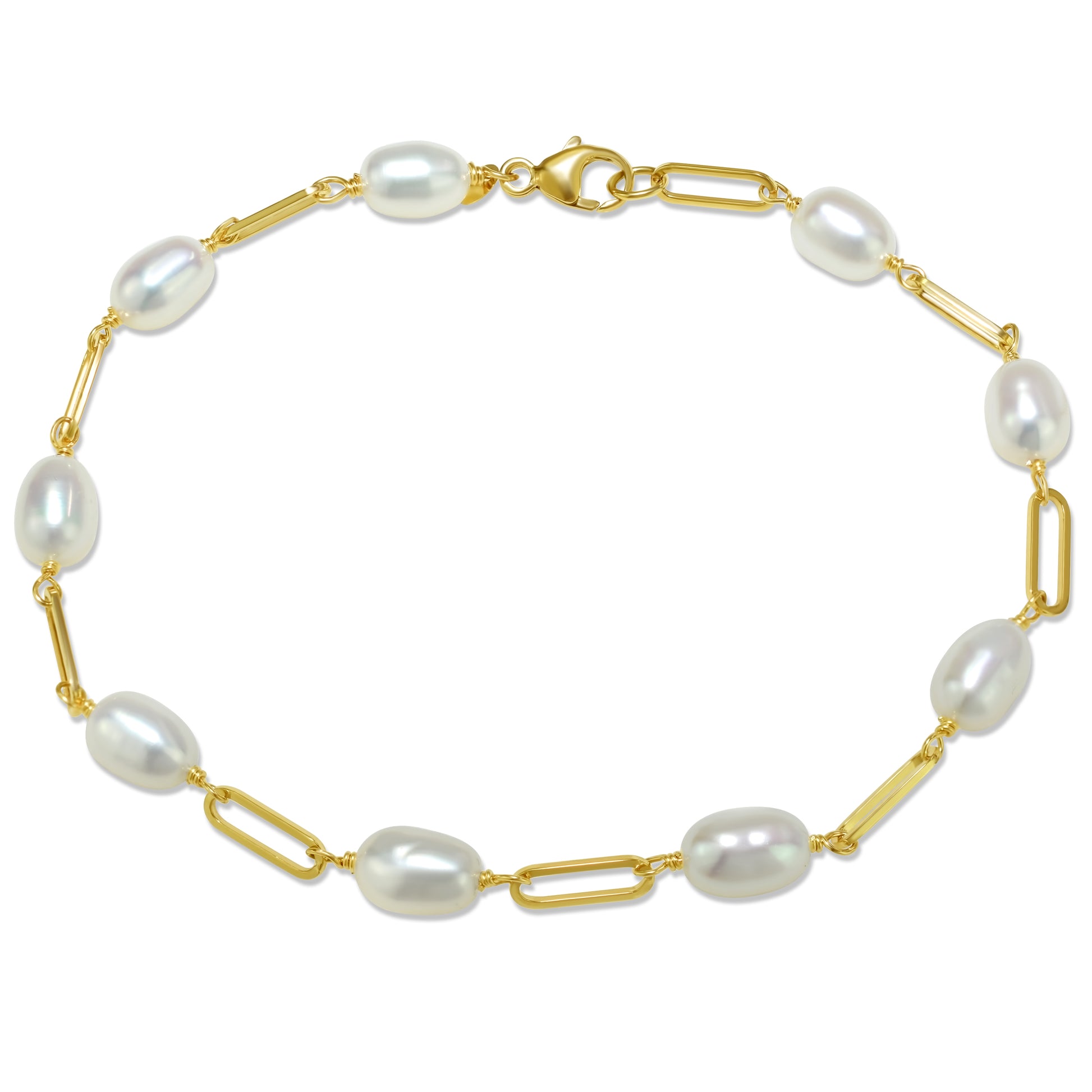 14k White Freshwater Pearl Paperclip 1X1 Bracelet 7.5"