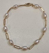 14k White Freshwater Pearl Paperclip 1X1 Bracelet 7.5"