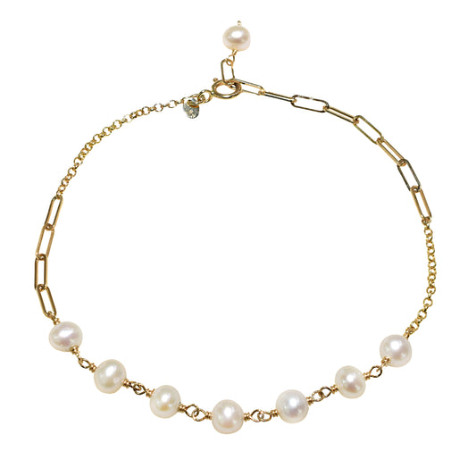 14k White Pearl Fancy Chain Adjustable Bracelet