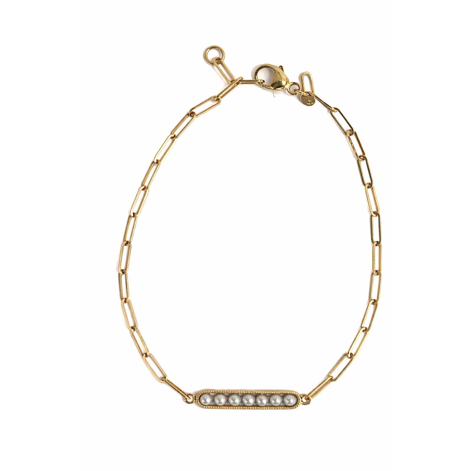 14k White Pearl Small Bar Paperclip Chain Bracelet 7.75"