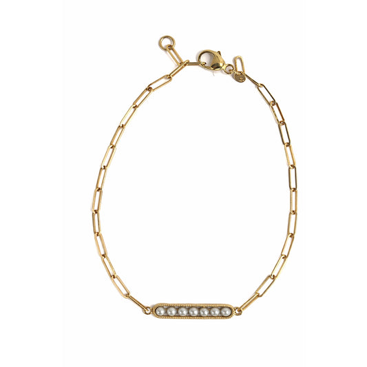 14k White Pearl Small Bar Paperclip Chain Bracelet 7.75"