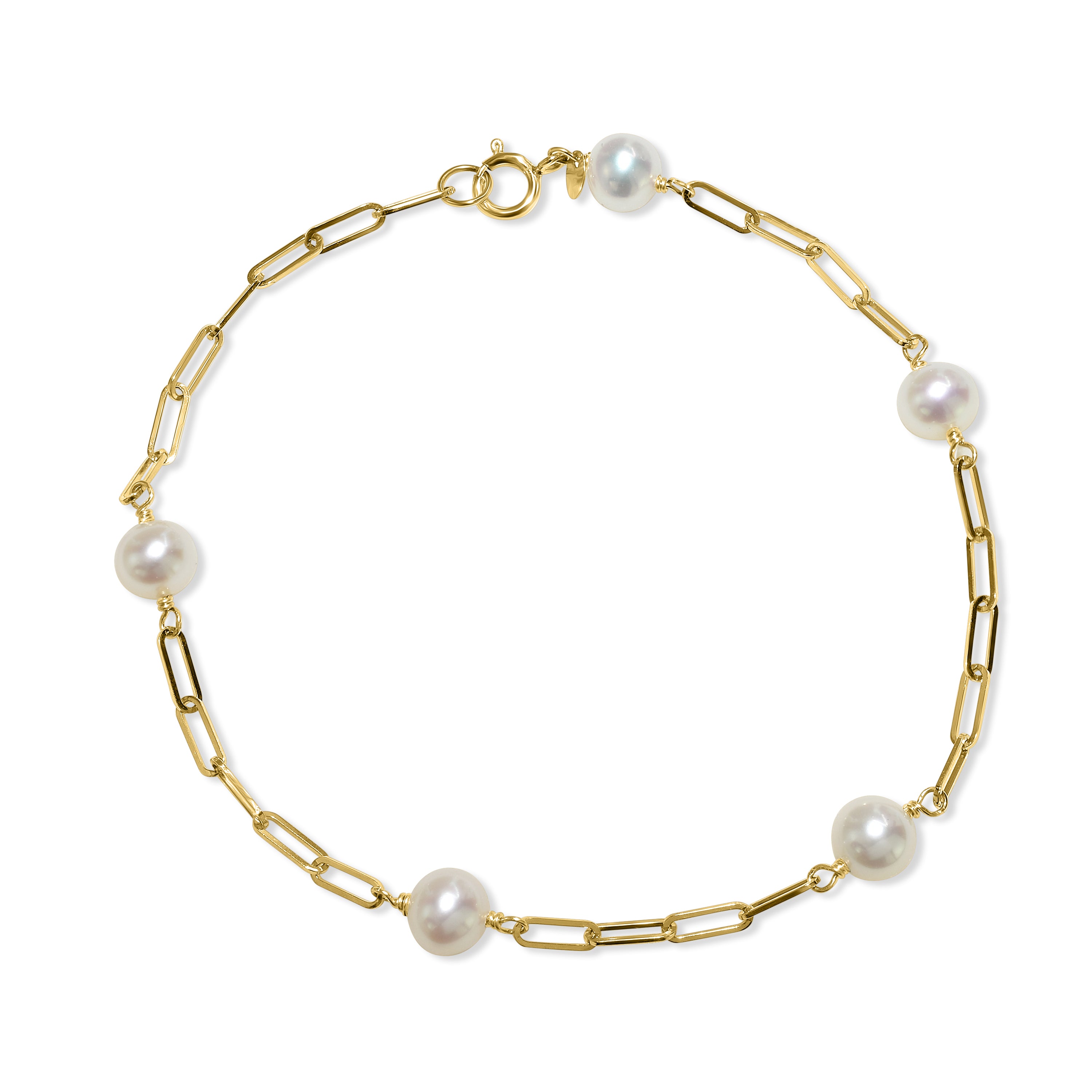14k White Pearl 5 Station Paperclip Bracelet