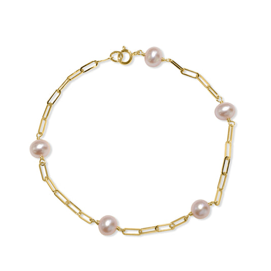 14k Natural Pink Pearl 5 Station Paperclip Bracelet