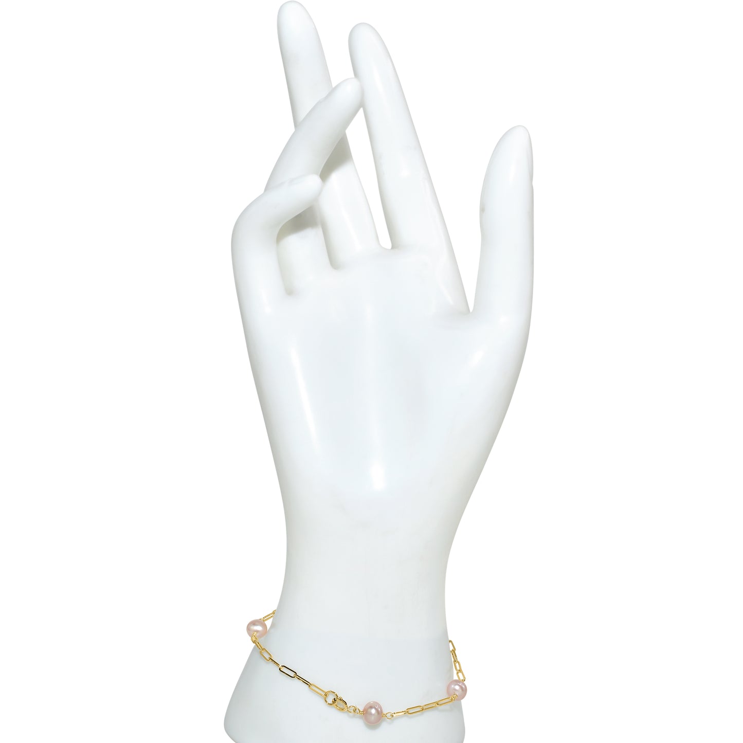 14k Natural Pink Pearl 5 Station Paperclip Bracelet