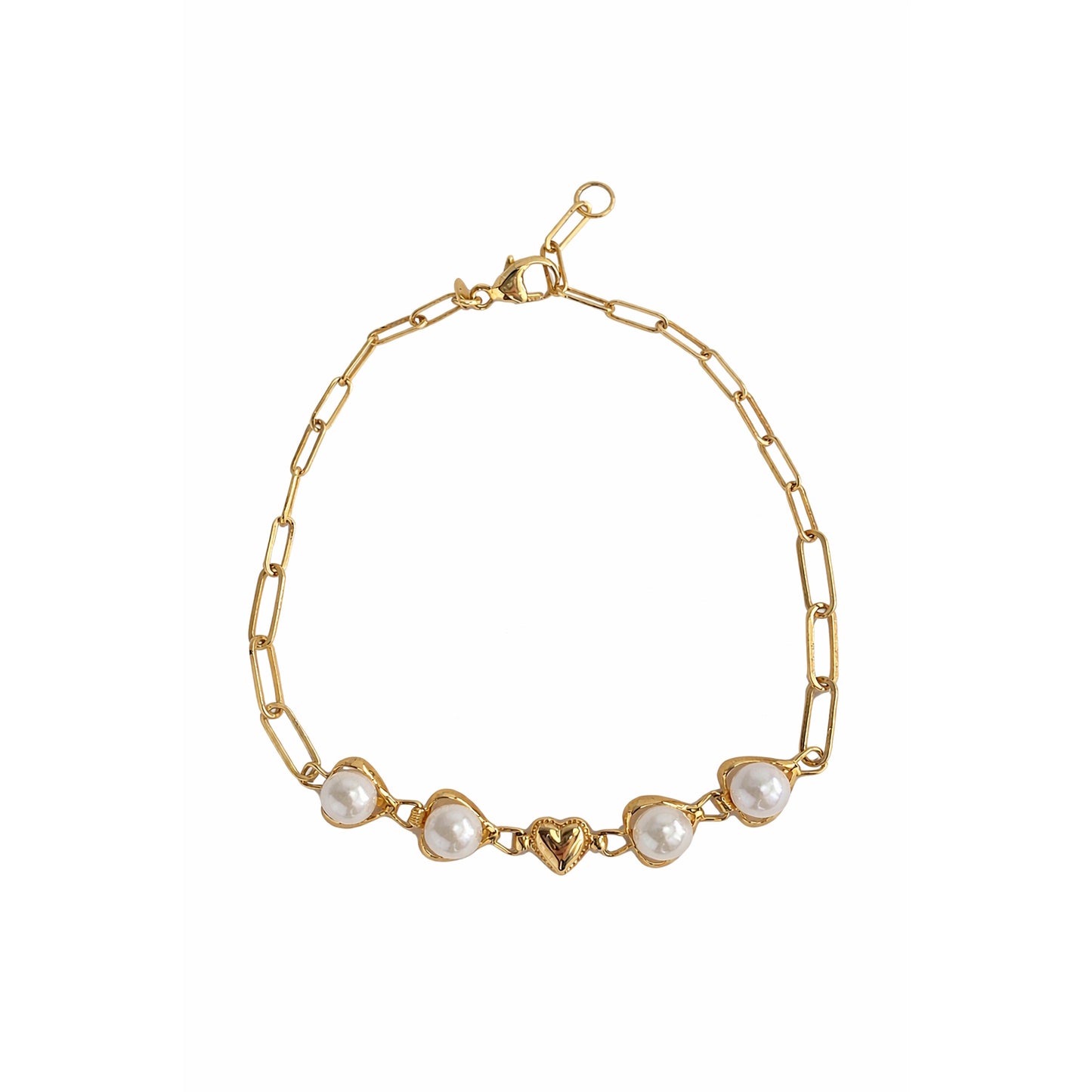 14k White Pearl Heart Center Paperclip Bracelet 7.5"