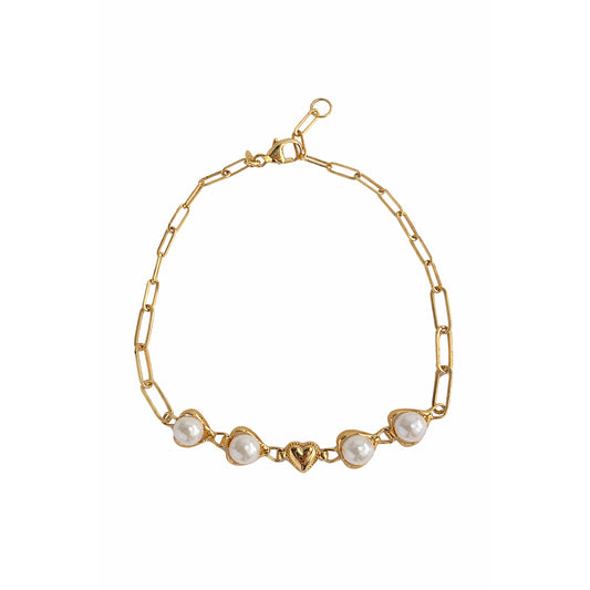 14k White Pearl Heart Center Paperclip Bracelet 7.5"
