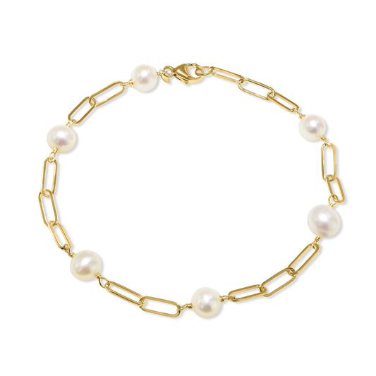 14k White Pearl Paperclip Bracelet