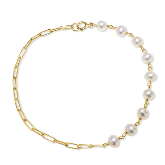 14k White Pearl Paperclip Bracelet