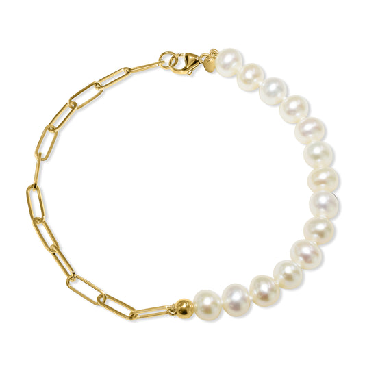 14k White Pearl Paperclip Chain Bracelet