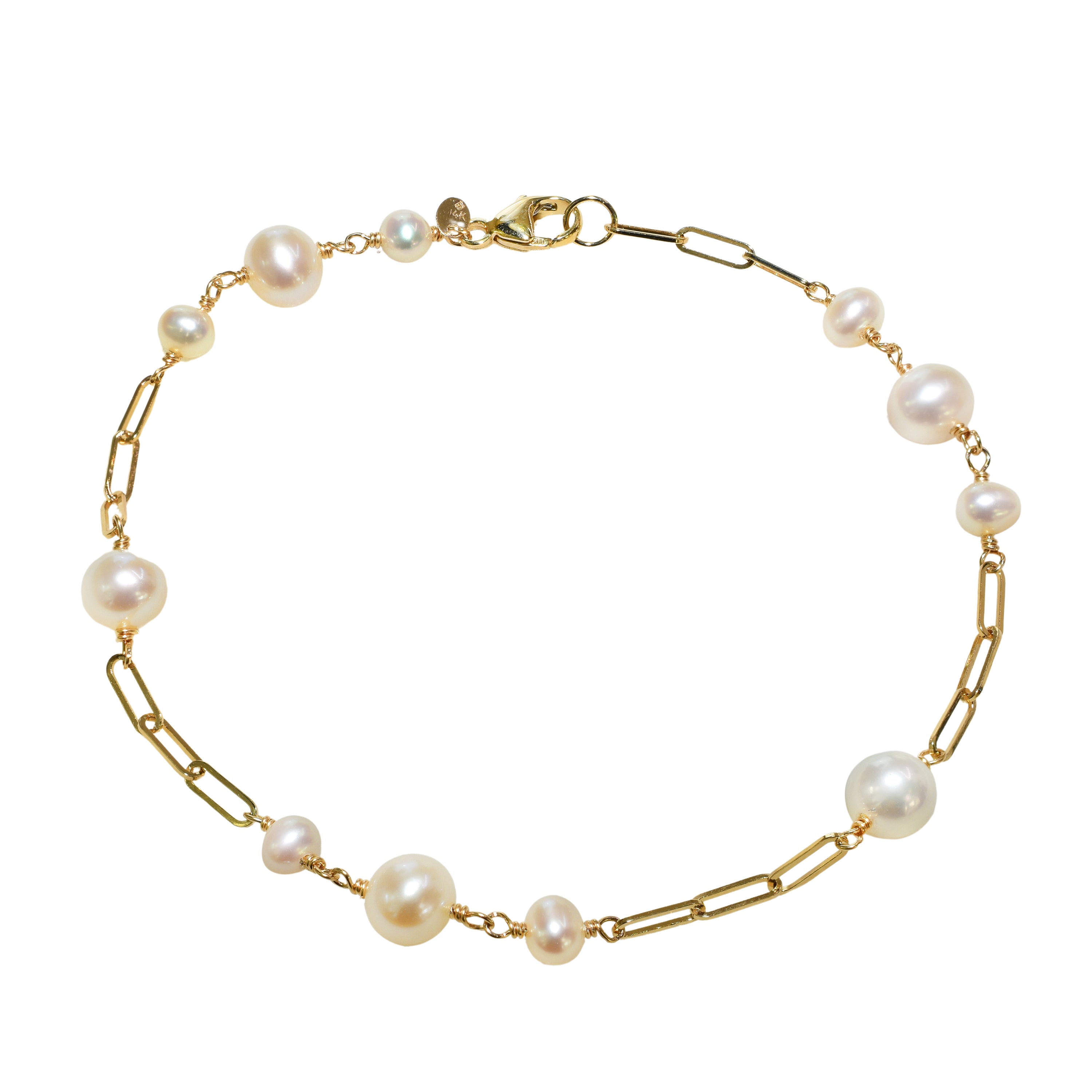 14k White Pearl Link Paperclip Bracelet