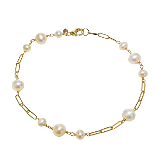 14k White Pearl Link Paperclip Bracelet