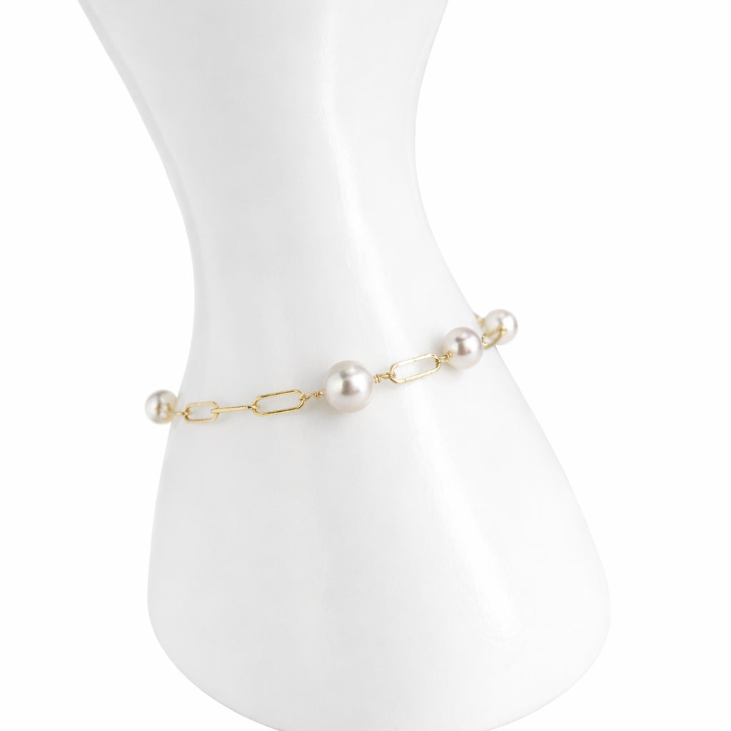 14k Graduated White Pearl Link Paperclip Bracelet
