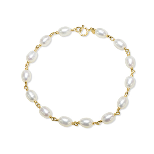 14k White Rice Pearl Link Bracelet