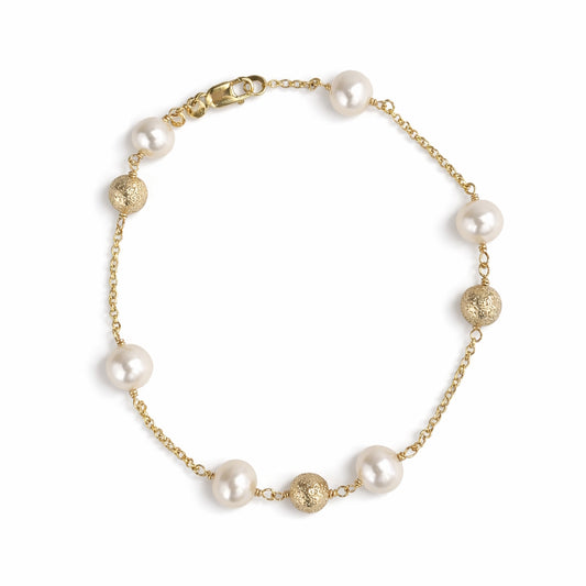 14k White Pearl Glitter Gold Ball Station Bracelet