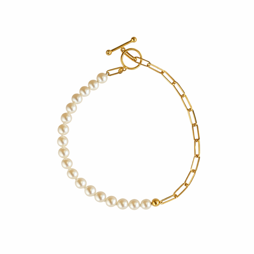14k White Pearl Paperclip Toggle Clasp Bracelet