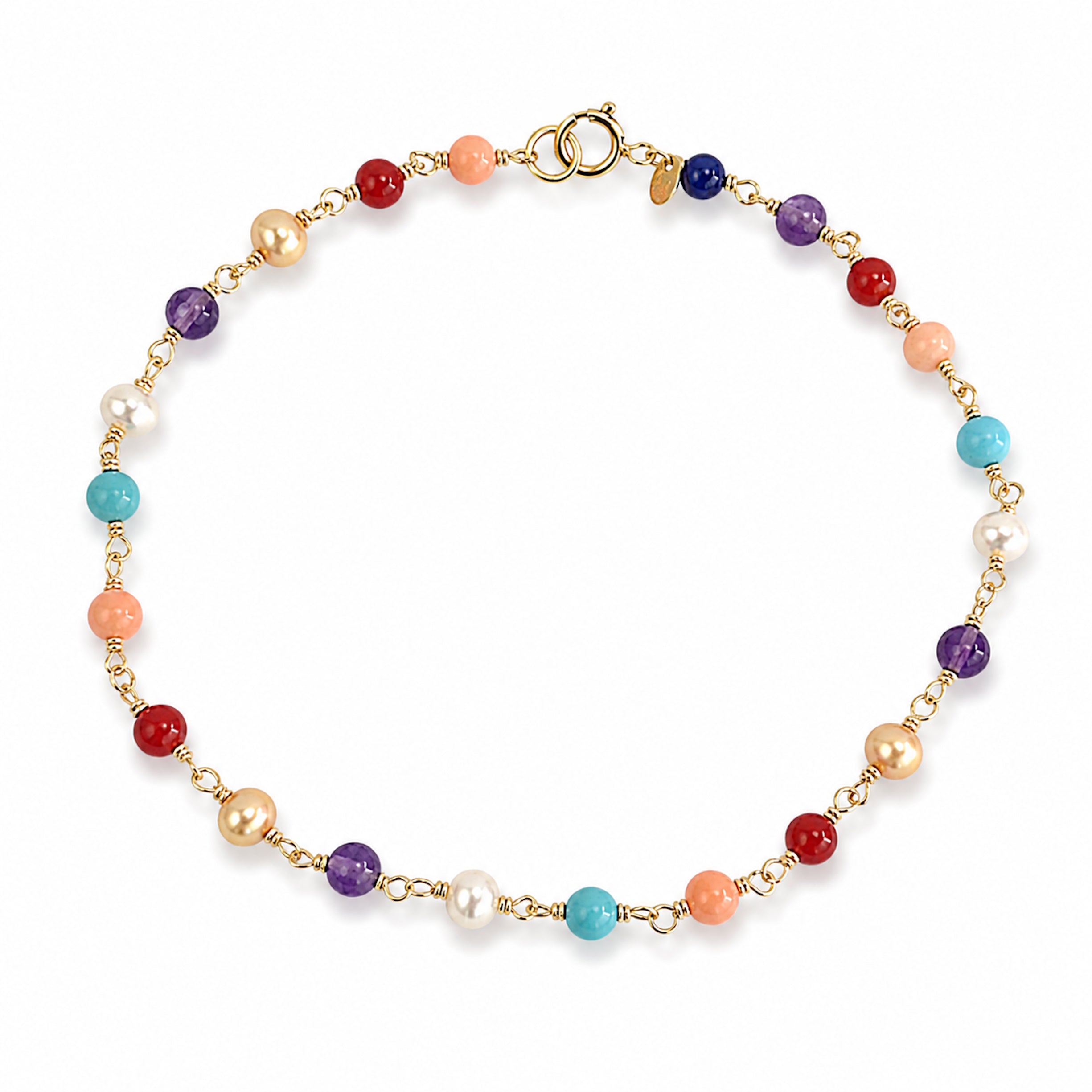 14k Multi Gemstone Pearl Link Bracelet