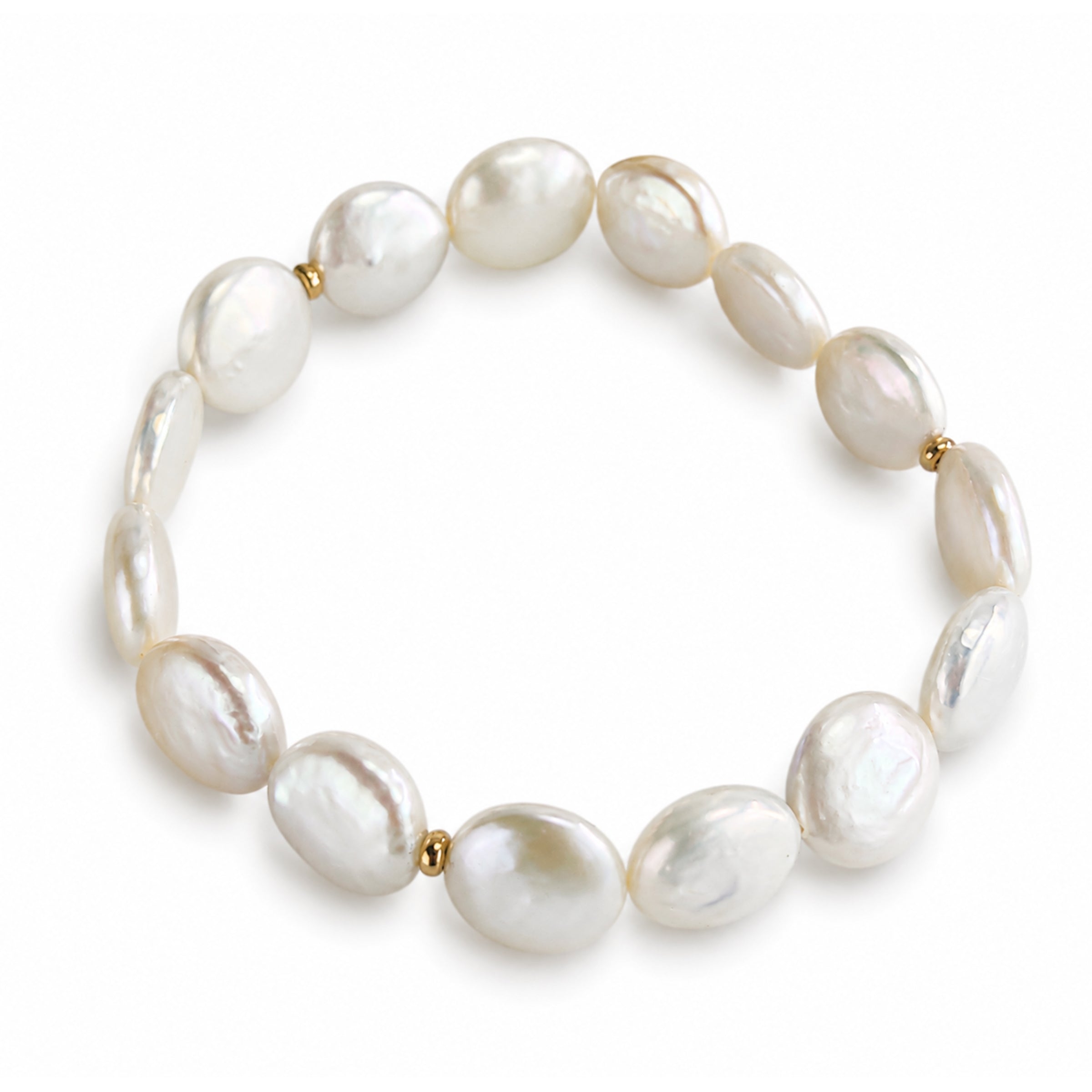 14k White Coin Pearl Gold Rondel Stretch Bracelet