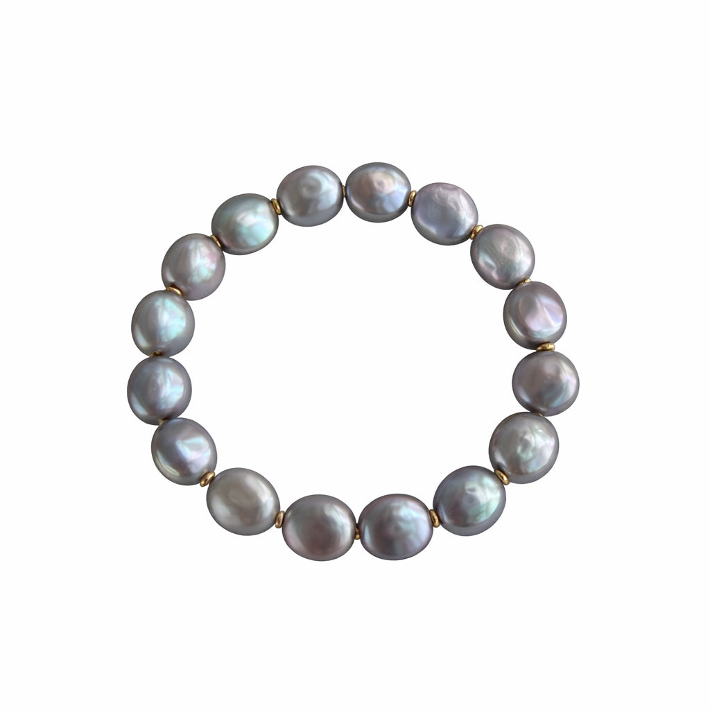 14k Grey Coin Pearl Gold Roudel Stretch Bracelet
