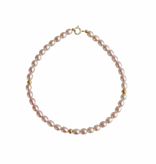 14k Natural Pink Rice Pearl Gold Ball Bracelet