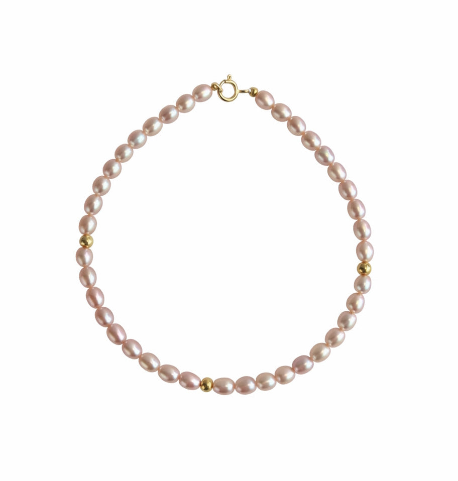14k Natural Pink Rice Pearl Gold Ball Bracelet
