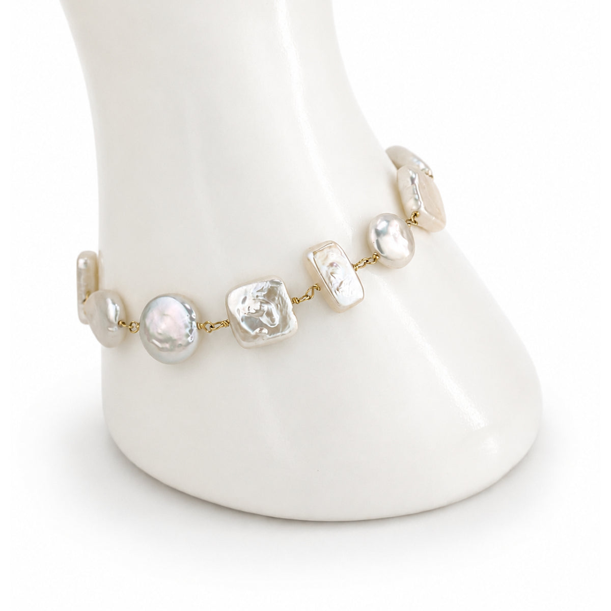 14k White Pearl Mixed Shape Link Bracelet