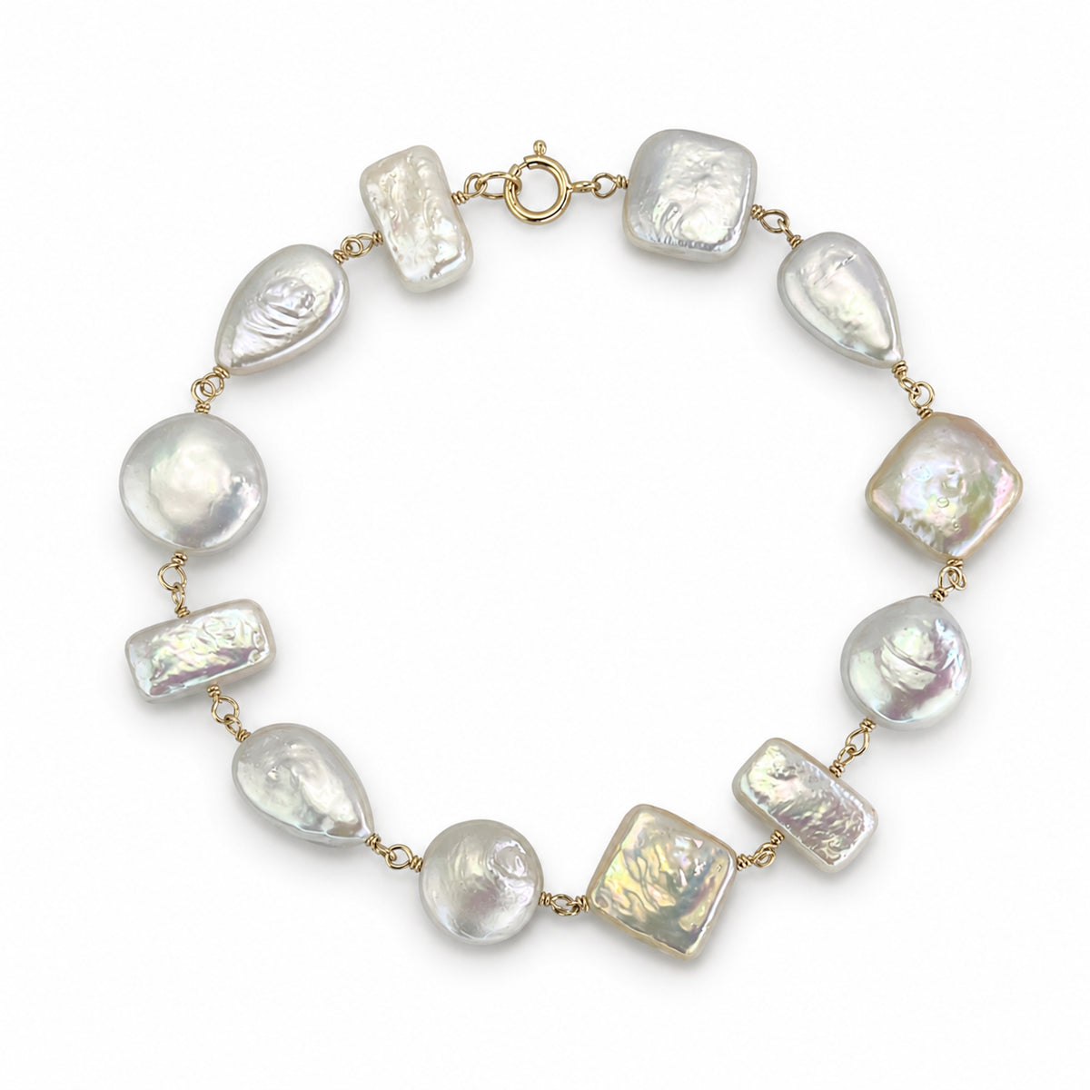 14k White Pearl Mixed Shape Link Bracelet
