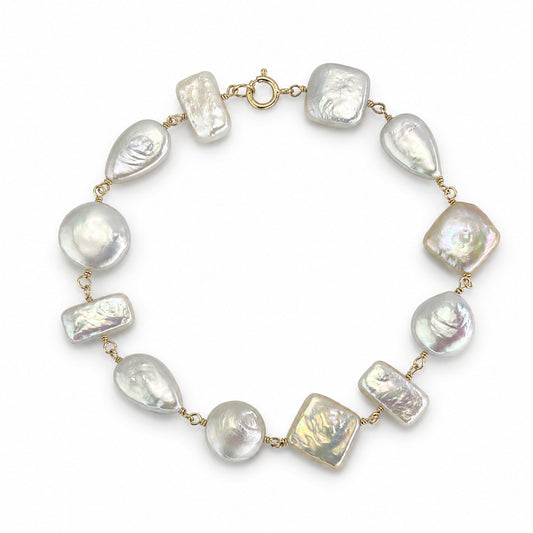 14k White Pearl Mixed Shape Link Bracelet
