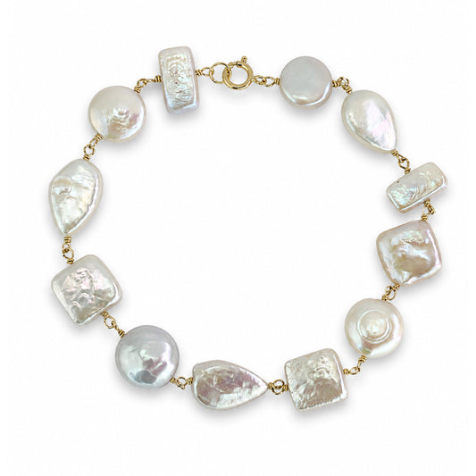 14k White Pearl Mixed Shape Link Bracelet