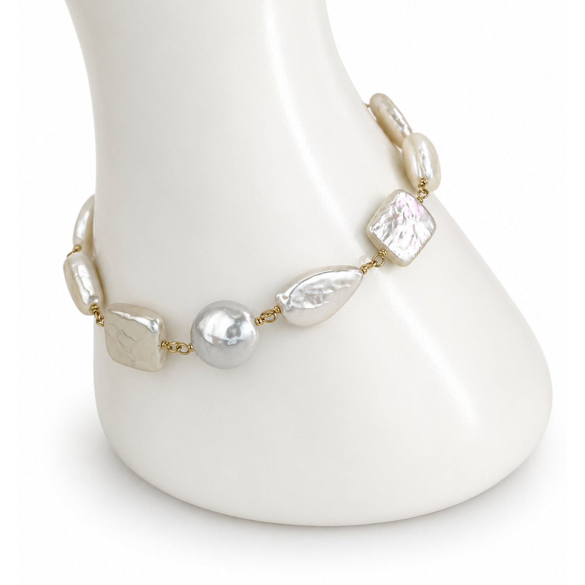 14k White Pearl Mixed Shape Link Bracelet
