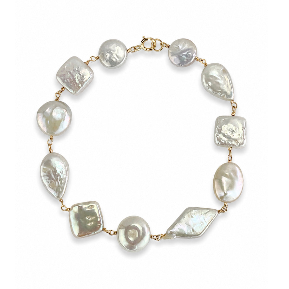 14k White Pearl Mixed Shape Link Bracelet