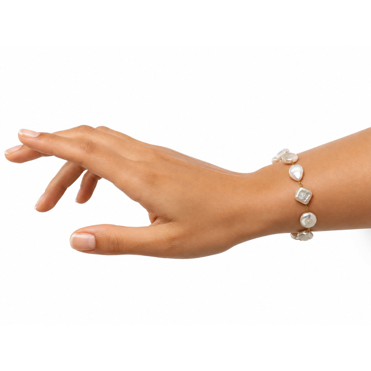 14k White Pearl Mixed Shape Link Bracelet