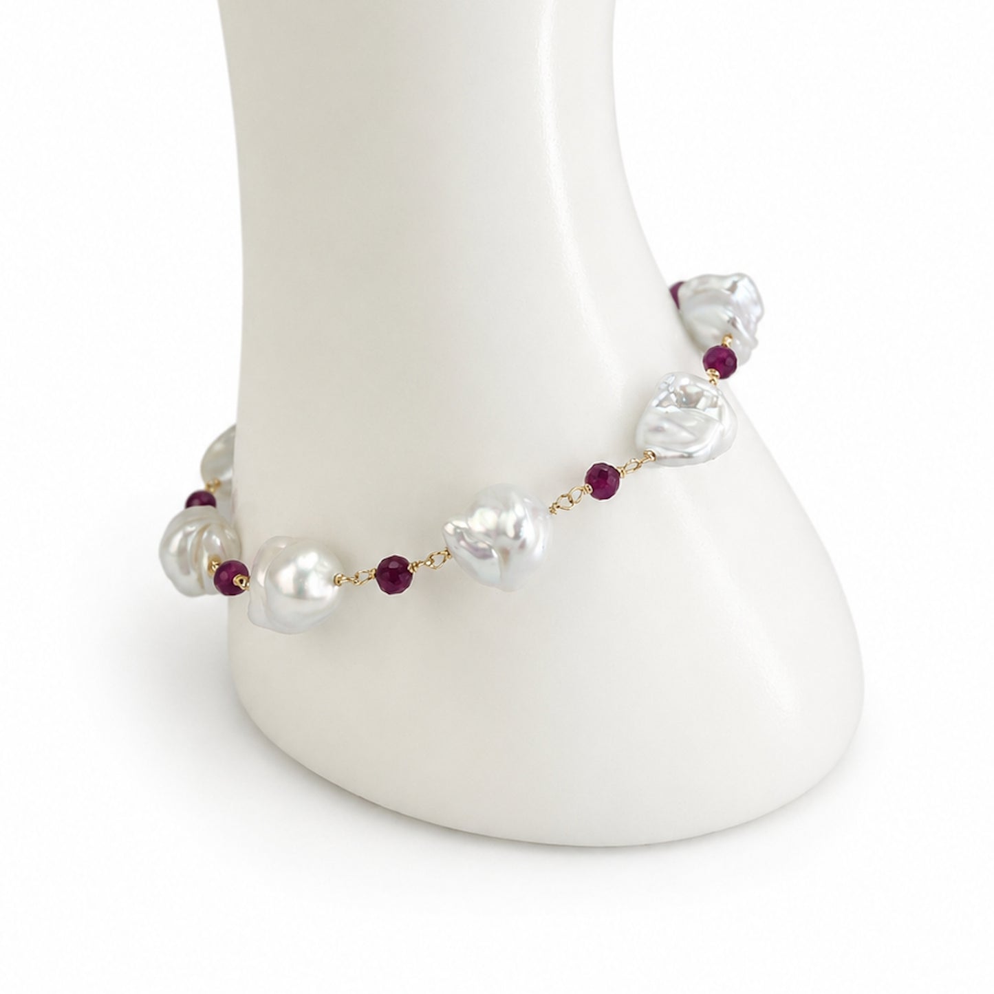 14k White Keshi Nugget Dyed Ruby 1x1 Link Bracelet