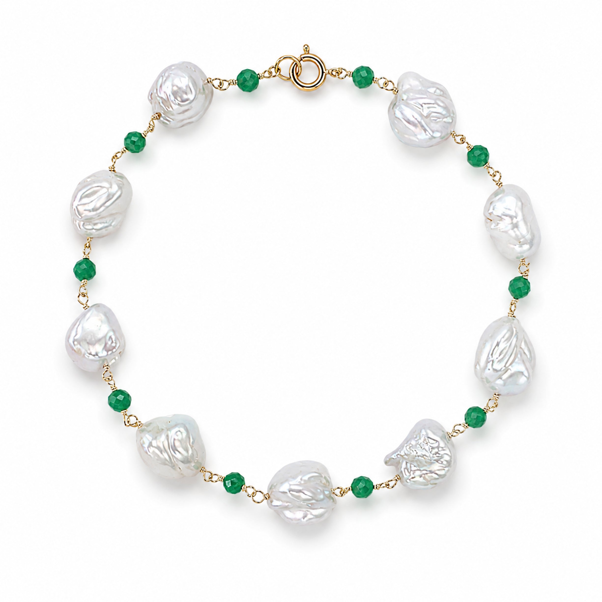 14k White Keshi Nugget Dyed Emerald 1x1 Link Bracelet