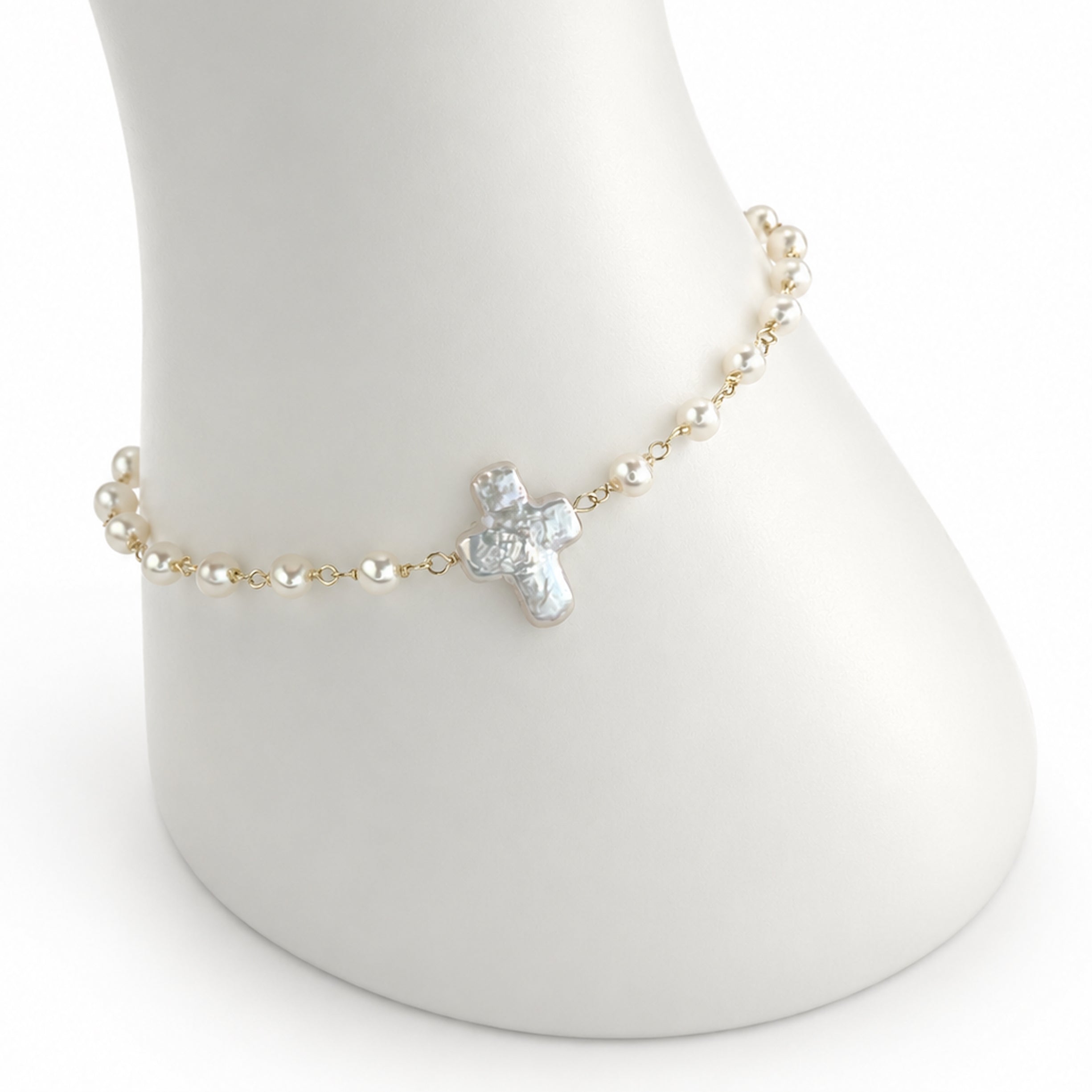 14k White Pearl Cross Center Link Bracelet