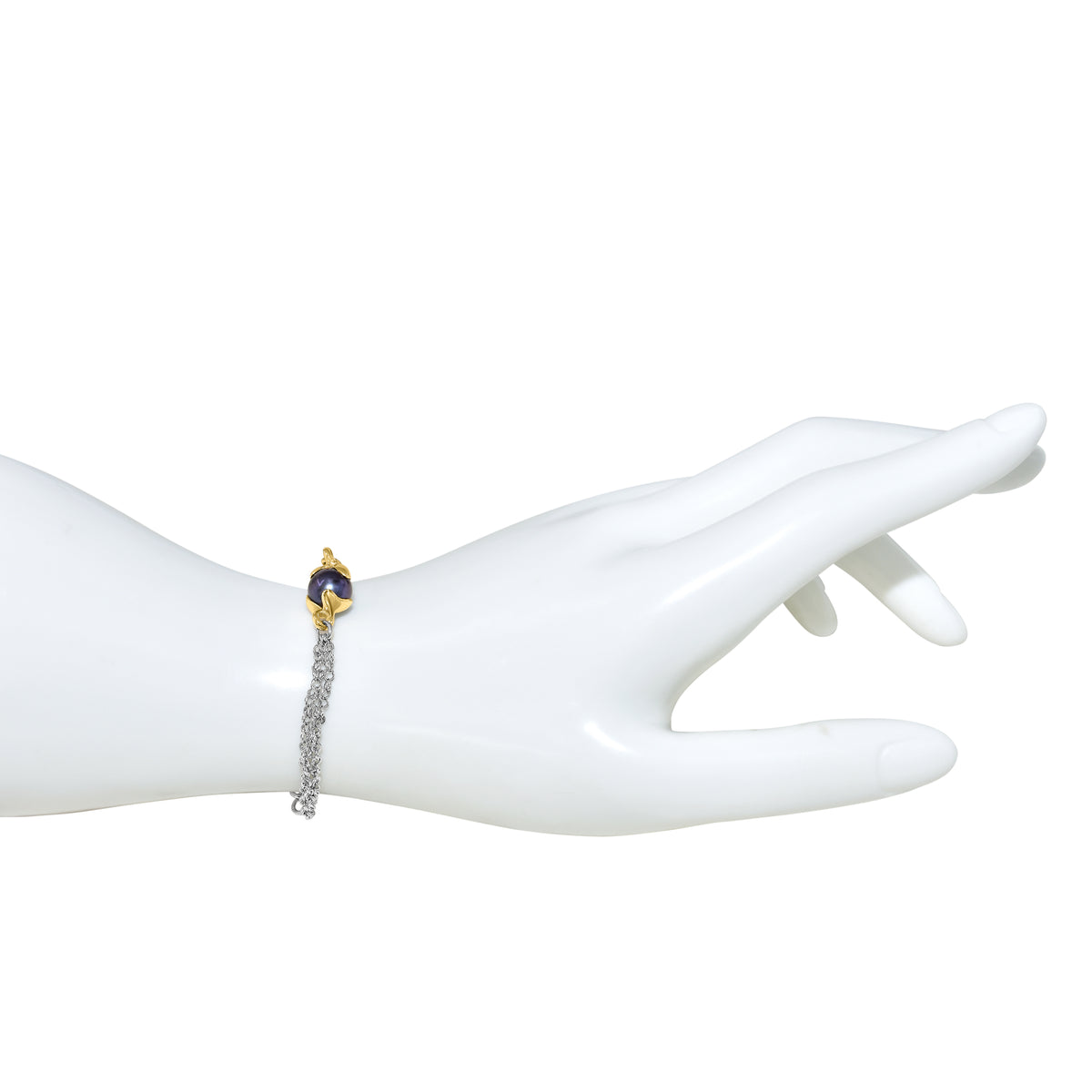 14k White & Yellow Gold Black Freshwater Pearl 3 Row Chain Bracelet 8"
