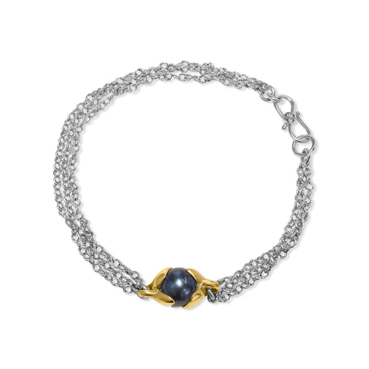 14k White & Yellow Gold Black Freshwater Pearl 3 Row Chain Bracelet 8"