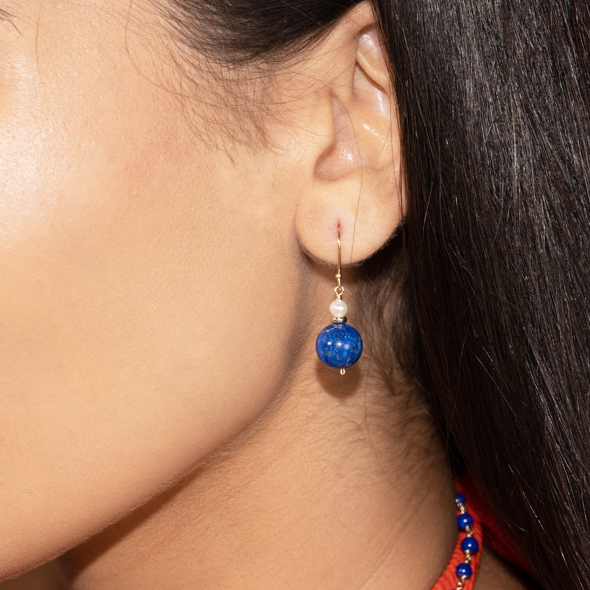 14k White Freshwater Pearl Lapis Drop Hook Earring