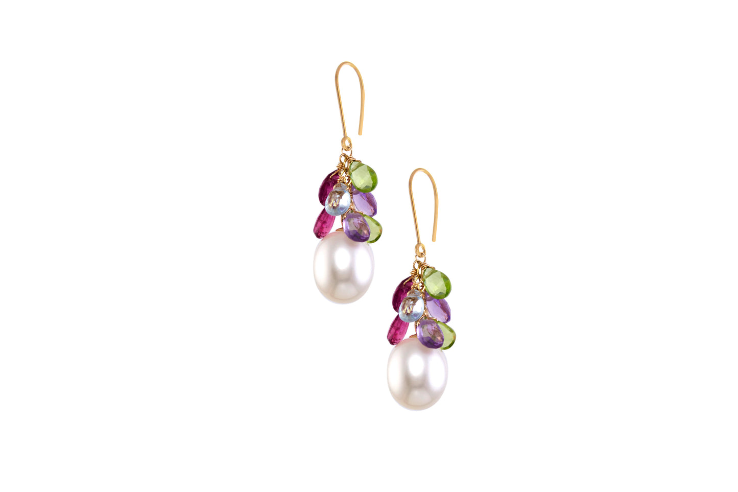 14k White Freshwater Pearl, Peridot, Blue Topaz, Pink Tourmaline, and Amethyst Dangle Earring Gold Fill Wire