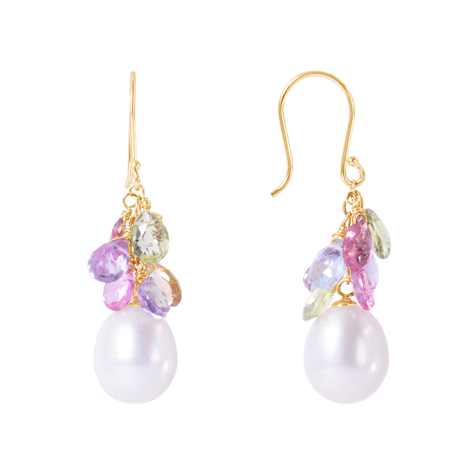 14k White Freshwater Pearl, Peridot, Blue Topaz, Pink Tourmaline, and Amethyst Dangle Earring Gold Fill Wire