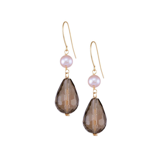 14k Pink Freshwater Pearls Smoky Quartz Fishhook Earrings