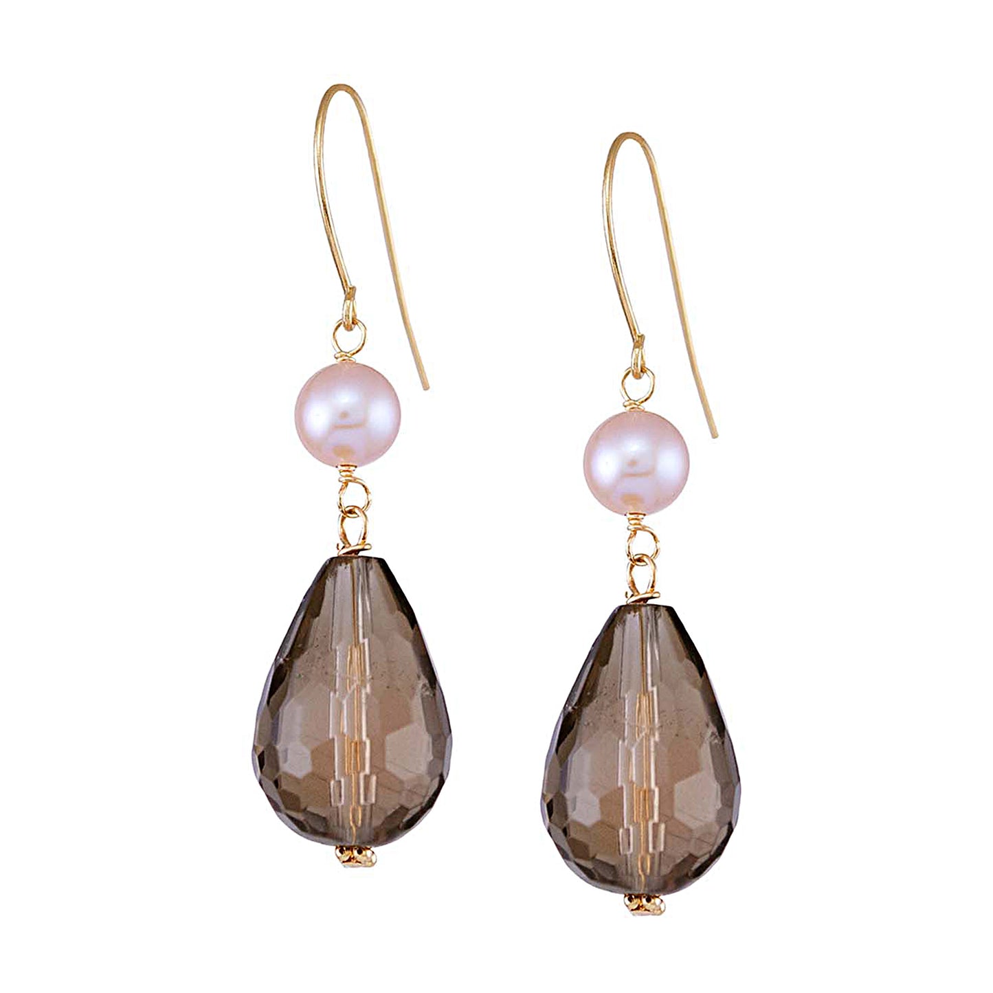 14k Pink Freshwater Pearls Smoky Quartz Fishhook Earring