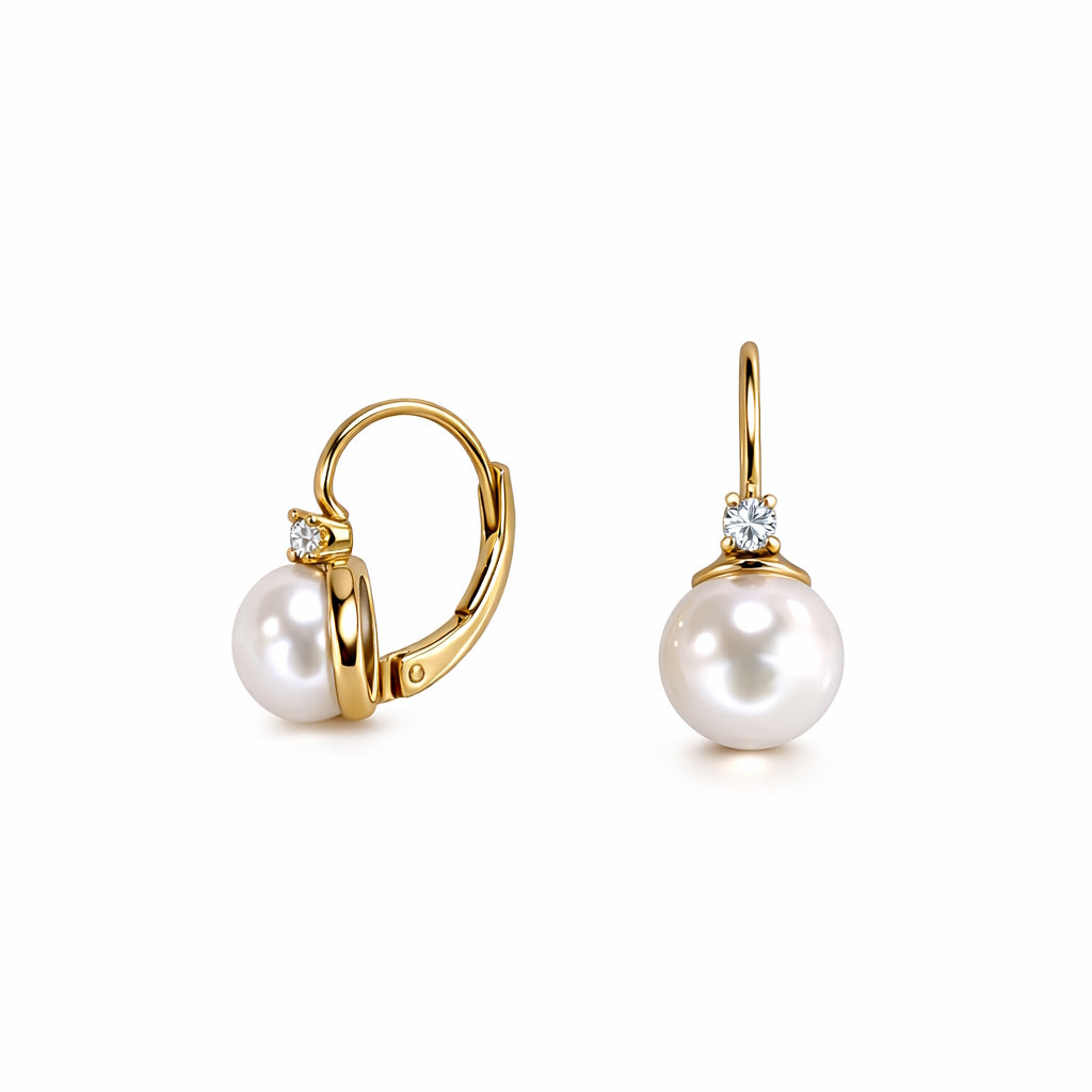 14k White Pearl and Diamond Leverback Earring